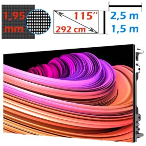 Ecran LED profesional 2,5m x 1,5m, pixel pitch 1.95 mm, diagonala 115”/292 cm, rezolutie 720p (1280 x 768), luminozitate 800 nits, de interior