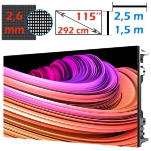 Ecran LED profesional 2,5m x 1,5m, pixel pitch 2.6 mm, diagonala 115”/292 cm, rezolutie 960 x 576, luminozitate 800 nits, de interior