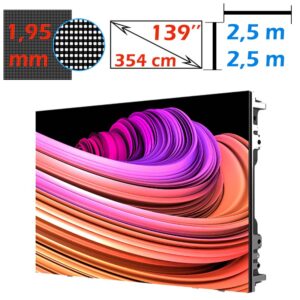 Ecran LED profesional 2,5m x 2,5m, pixel pitch 1.95 mm, diagonala 139”/354 cm, rezolutie 720p (1280 x 1280), luminozitate 800 nits, de interior