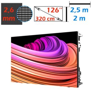 Ecran LED profesional 2,5m x 2m, pixel pitch 2.6 mm, diagonala 126”/320 cm, rezolutie 960 x 768, luminozitate 800 nits, de interior