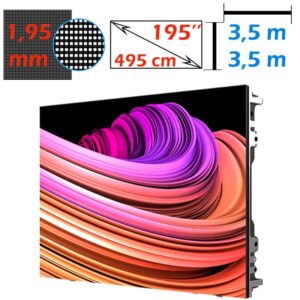 Ecran LED profesional 3,5m x 3,5m, pixel pitch 1.95 mm, diagonala 195”/495 cm, rezolutie 720p (1792 x 1792), luminozitate 800 nits, de interior