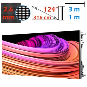 Ecran LED profesional 3m x 1m, pixel pitch 2.6 mm, diagonala 124”/316 cm, rezolutie 1152 x 384, luminozitate 800 nits, de interior