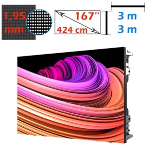 Ecran LED profesional 3m x 3m, pixel pitch 1.95 mm, diagonala 167”/424 cm, rezolutie 720p (1536 x 1536), luminozitate 800 nits, de interior