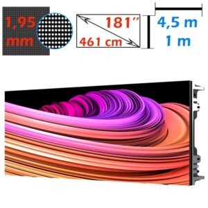 Ecran LED profesional 4,5m x 1m, pixel pitch 1.95 mm, diagonala 181”/461 cm, rezolutie 2304 x 512, luminozitate 800 nits, de interior