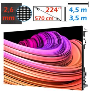 Ecran LED profesional 4,5m x 3,5m, pixel pitch 2.6 mm, diagonala 224”/570 cm, rezolutie 2K (1728 x 1344), luminozitate 800 nits, de interior