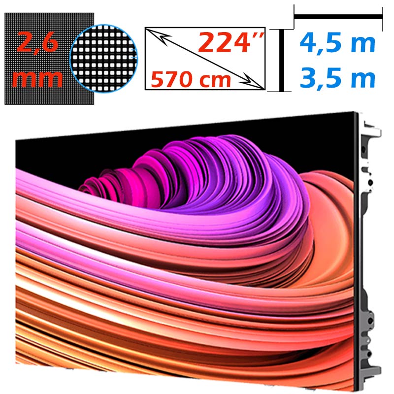 Ecran LED profesional 4,5m x 3,5m, pixel pitch 2.6 mm, diagonala 224”/570 cm, rezolutie 2K (1728 x 1344), luminozitate 800 nits, de interior 1 Ecran LED profesional 4,5m x 3,5m, pixel pitch 2.6 mm, diagonala 224”/570 cm, rezolutie 2K (1728 x 1344), luminozitate 800 nits, de interior