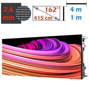 Ecran LED profesional 4m x 1m, pixel pitch 2.6 mm, diagonala 162”/412 cm, rezolutie 1536 x 384, luminozitate 800 nits, de interior