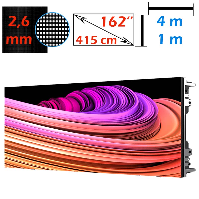 Ecran LED profesional 4m x 1m, pixel pitch 2.6 mm, diagonala 162”/412 cm, rezolutie 1536 x 384, luminozitate 800 nits, de interior 1 Ecran LED profesional 4m x 1m, pixel pitch 2.6 mm, diagonala 162”/412 cm, rezolutie 1536 x 384, luminozitate 800 nits, de interior