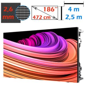 Ecran LED profesional 4m x 2,5m, pixel pitch 2.6 mm, diagonala 186”/472 cm, rezolutie 1536 x 960, luminozitate 800 nits, de interior