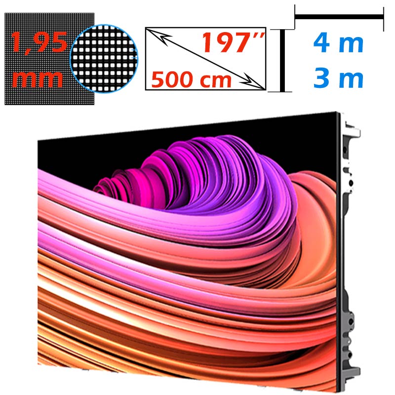 Ecran LED profesional 4m x 3m, pixel pitch 1.95 mm, diagonala 197”/500 cm, rezolutie 3K UHD (2048 x 1536), luminozitate 800 nits, de interior 1 Ecran LED profesional 4m x 3m, pixel pitch 1.95 mm, diagonala 197”/500 cm, rezolutie 3K UHD (2048 x 1536), luminozitate 800 nits, de interior