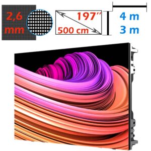 Ecran LED profesional 4m x 3m, pixel pitch 2.6 mm, diagonala 197”/500 cm, rezolutie 2K (1536 x 1152), luminozitate 800 nits, de interior