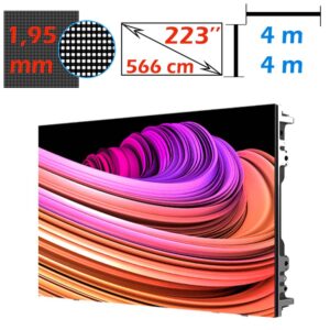 Ecran LED profesional 4m x 4m, pixel pitch 1.95 mm, diagonala 223”/566 cm, rezolutie 1080p (2048 x 2048), luminozitate 800 nits, de interior