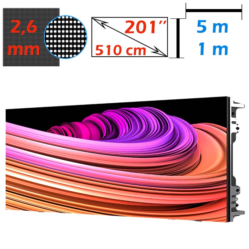 Ecran LED profesional 5m x 1m, pixel pitch 2.6 mm, diagonala 201”/510 cm, rezolutie 1920 x 384, luminozitate 800 nits, de interior 1 Ecran LED profesional 5m x 1m, pixel pitch 2.6 mm, diagonala 201”/510 cm, rezolutie 1920 x 384, luminozitate 800 nits, de interior