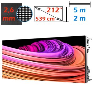 Ecran LED profesional 5m x 2m, pixel pitch 2.6 mm, diagonala 212”/539 cm, rezolutie 1080p (1920 x 768), luminozitate 800 nits, de interior
