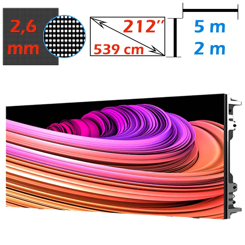 Ecran LED profesional 5m x 2m, pixel pitch 2.6 mm, diagonala 212”/539 cm, rezolutie 1080p (1920 x 768), luminozitate 800 nits, de interior 1 Ecran LED profesional 5m x 2m, pixel pitch 2.6 mm, diagonala 212”/539 cm, rezolutie 1080p (1920 x 768), luminozitate 800 nits, de interior