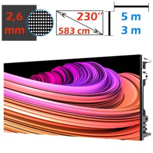 Ecran LED profesional 5m x 3m, pixel pitch 2.6 mm, diagonala 230”/583 cm, rezolutie 2K (1920 x 1152), luminozitate 800 nits, de interior