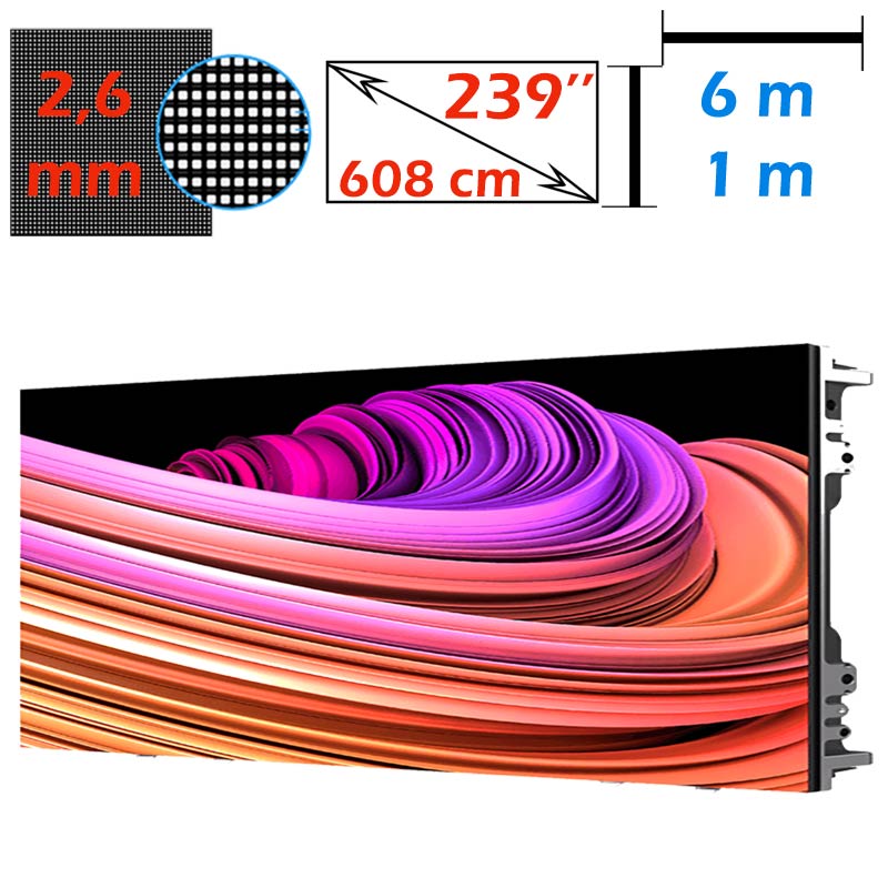 Ecran LED profesional 6m x 1m, pixel pitch 2.6 mm, diagonala 239”/608 cm, rezolutie 2304 x 384, luminozitate 800 nits, de interior 1 Ecran LED profesional 6m x 1m, pixel pitch 2.6 mm, diagonala 239”/608 cm, rezolutie 2304 x 384, luminozitate 800 nits, de interior