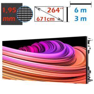 Ecran LED profesional 6m x 3m, pixel pitch 1.95 mm, diagonala 264”/671 cm, rezolutie 3K UHD (3072 x 1536), luminozitate 800 nits, de interior