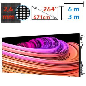 Ecran LED profesional 6m x 3m, pixel pitch 2.6 mm, diagonala 264”/671 cm, rezolutie 2K (2304 x 1152), luminozitate 800 nits, de interior