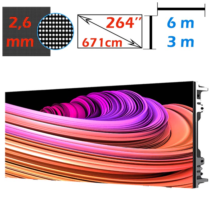 Ecran LED profesional 6m x 3m, pixel pitch 2.6 mm, diagonala 264”/671 cm, rezolutie 2K (2304 x 1152), luminozitate 800 nits, de interior 1 Ecran LED profesional 6m x 3m, pixel pitch 2.6 mm, diagonala 264”/671 cm, rezolutie 2K (2304 x 1152), luminozitate 800 nits, de interior
