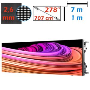 Ecran LED profesional 7m x 1m, pixel pitch 2.6 mm, diagonala 278”/707 cm, rezolutie 2688 x 384, luminozitate 800 nits, de interior