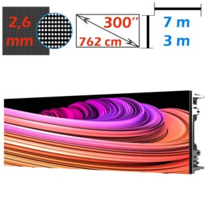 Ecran LED profesional 7m x 3m, pixel pitch 2.6 mm, diagonala 300”/762 cm, rezolutie 2K (2688 x 1152), luminozitate 800 nits, de interior