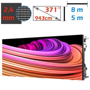 Ecran LED profesional 8m x 5m, pixel pitch 2.6 mm, diagonala 371”/943 cm, rezolutie 3K (3072 x 1920), luminozitate 800 nits, de interior