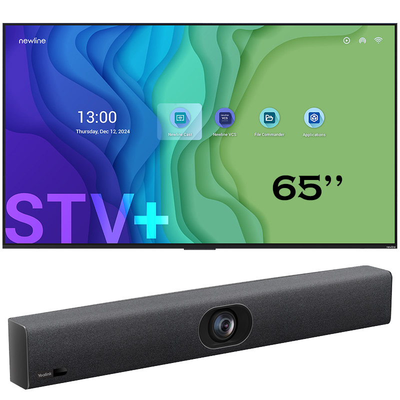 Pachet videoconferinta cu display pentru prezentare Newline STV 65, diagonala 65″, rezolutie 4K UHD, Android 14 si camera videoconferinta all-in-one cu urmarire inteligenta AI, ePTZ, rezolutie 4K, 5 x zoom digital, compatibila cu Zoom Rooms si Teams Rooms, UVC40 E2, Yealink 1 display 65 inch videoconferință 4k avi systems romania