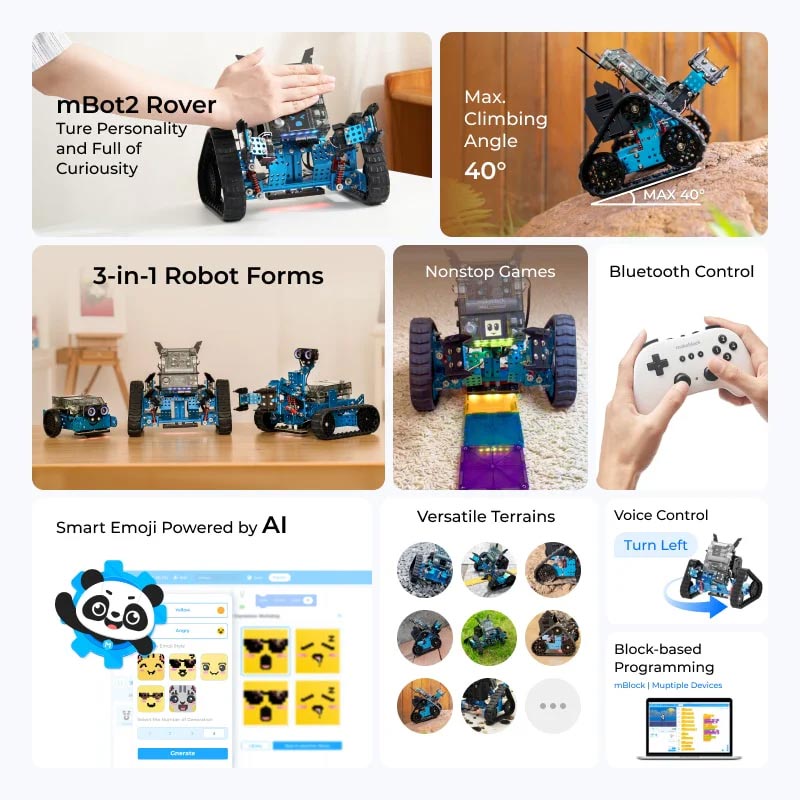 Robot educational programabil | de codare Makeblock mBot2 Rover Kit: Robot emo interactiv pentru copii, pentru învățarea programării și joacă în aer liber 2 Robot educational programabil | de codare Makeblock mBot2 Rover Kit: Robot emo interactiv pentru copii, pentru învățarea programării și joacă în aer liber - imagine 2