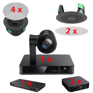 Sistem videoconferinta integrat PoE cu 1 camera PTZ, 4K, cu urmarire inteligenta, 20 x HD zoom UVC86, 2 microfoane de tavan CM20 cu raza de acoperire a vocii de 4m pana la 360°, 4 difuzoare active de tavan, coaxiale cu 2 cai CS10, procesor audio video AVHub, Yealink