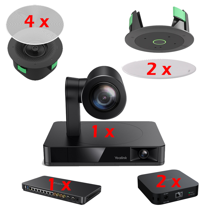 Sistem videoconferinta integrat PoE cu 1 camera PTZ, 4K, cu urmarire inteligenta, 20 x HD zoom UVC86, 2 microfoane de tavan CM20 cu raza de acoperire a vocii de 4m pana la 360°, 4 difuzoare active de tavan, coaxiale cu 2 cai CS10, procesor audio video AVHub, Yealink 1 Sistem videoconferinta integrat PoE cu 1 camera PTZ, 4K, cu urmarire inteligenta, 20 x HD zoom UVC86, 2 microfoane de tavan CM20 cu raza de acoperire a vocii de 4m pana la 360°, 4 difuzoare active de tavan, coaxiale cu 2 cai CS10, procesor audio video AVHub, Yealink