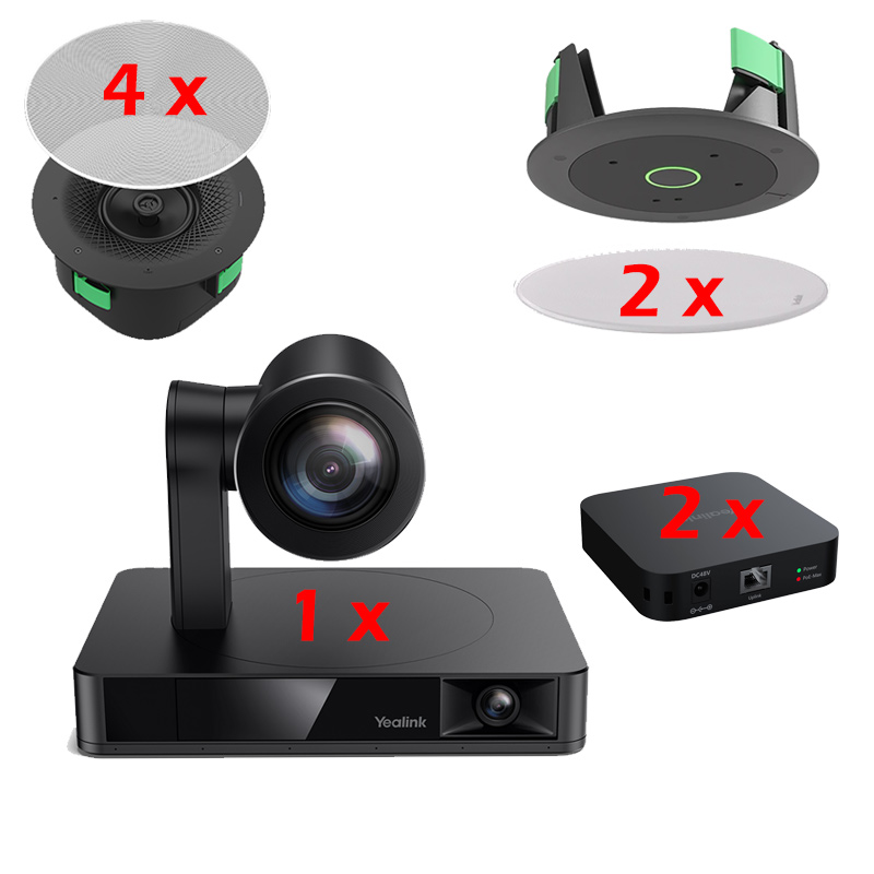 Sistem videoconferinta integrat PoE cu 1 camera PTZ, 4K, cu urmarire inteligenta, 20 x HD zoom UVC86, 2 microfoane de tavan CM20 cu raza de acoperire a vocii de 4m pana la 360°, 4 difuzoare active de tavan, coaxiale cu 2 cai CS10, Yealink 1 Sistem videoconferinta integrat PoE cu 1 camera PTZ, 4K, cu urmarire inteligenta, 20 x HD zoom UVC86, 2 microfoane de tavan CM20 cu raza de acoperire a vocii de 4m pana la 360°, 4 difuzoare active de tavan, coaxiale cu 2 cai CS10, Yealink