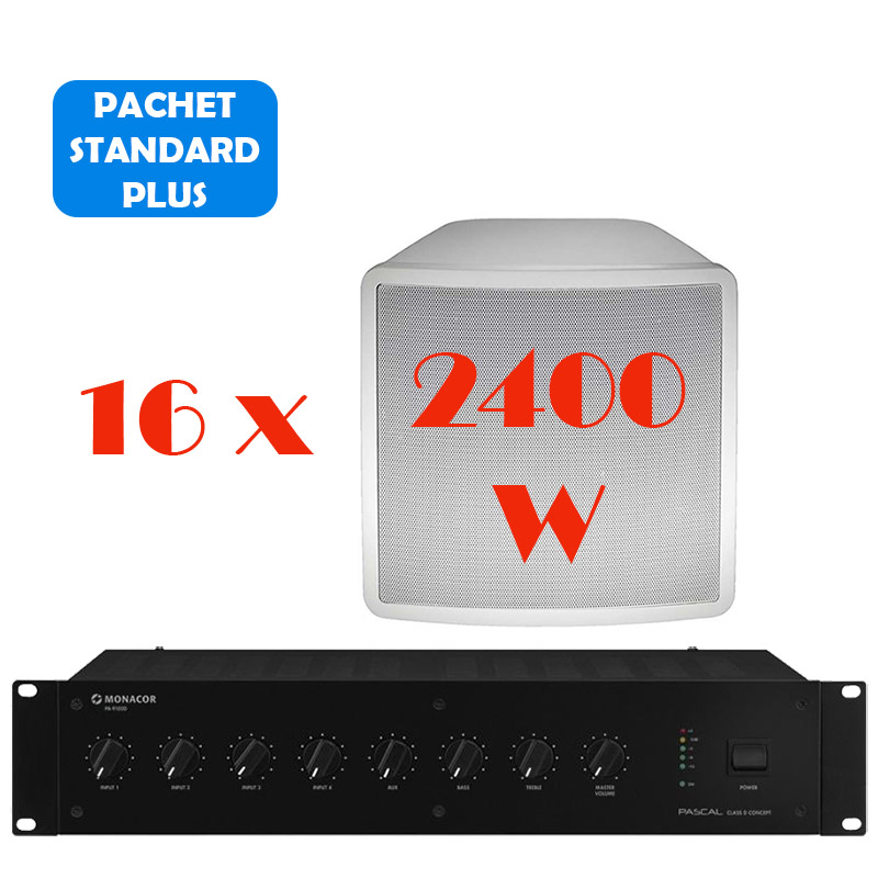 Sistem de sonorizare si adresare publica pentru stadion cu difuzoare de exterior SL-150 si amplificator PA-9100D, Monacor, cu mixer integrat, total putere 2400W 1 sistem sonorizare stadion exterior 2400W SL-150 PA-9100D