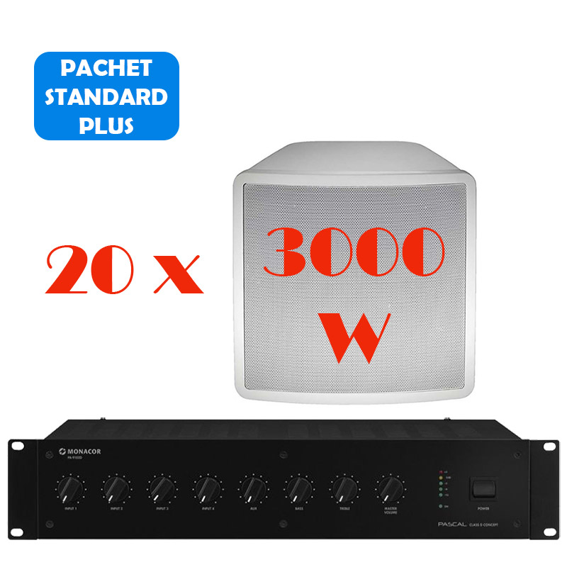 Sistem de sonorizare si adresare publica pentru stadion cu difuzoare de exterior SL-150 si amplificator PA-9100D, Monacor, cu mixer integrat, total putere 3000W 1 sistem sonorizare stadion exterior 3000W SL-150 PA-9100D
