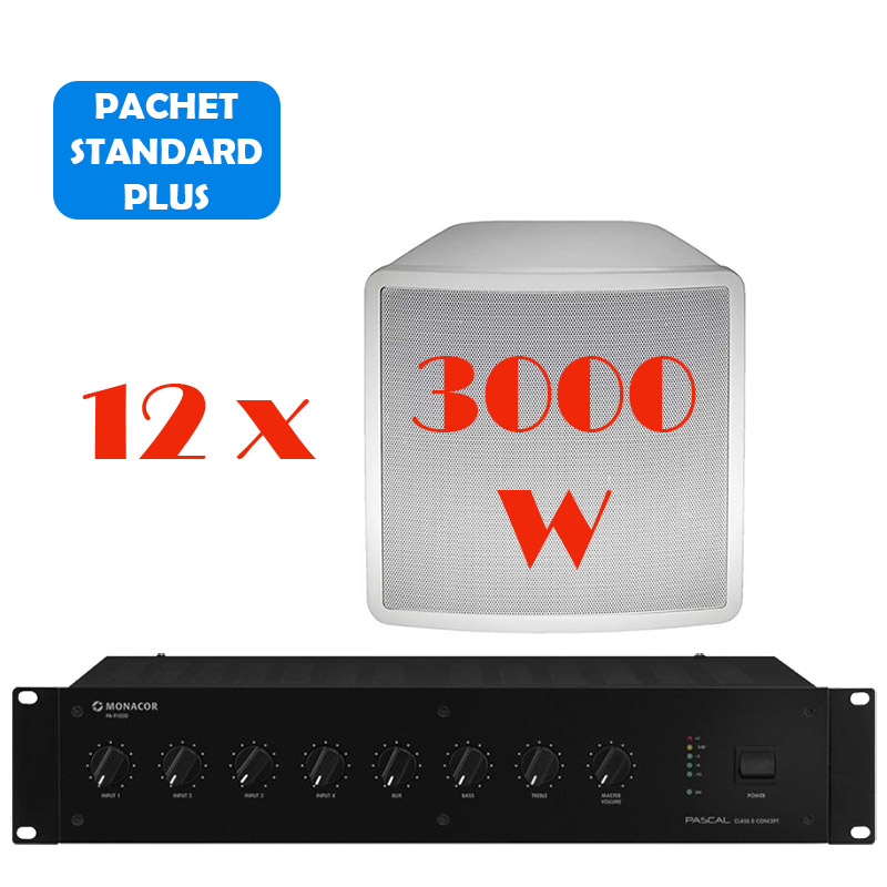 Sistem de sonorizare si adresare publica pentru stadion cu difuzoare de exterior SL-250 si amplificator PA-9100D, Monacor, cu mixer integrat, total putere 3000W 1 sistem sonorizare stadion exterior 3000W SL-250 PA-9100D