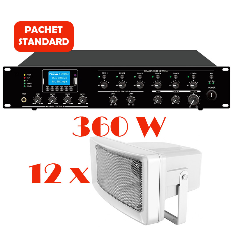 Sistem de sonorizare si adresare publica pentru terenuri de sport cu difuzoare de exterior DPS-300 si amplificator PAZ-5006, CKS, cu mixer si player media integrat, MP3 prin USB și SD, tuner FM, Bluetooth, total putere 360W 1 Sistem de sonorizare si adresare publica pentru terenuri de sport cu difuzoare de exterior DPS-300 si amplificator PAZ-5006, CKS, cu mixer si player media integrat, MP3 prin USB și SD, tuner FM, Bluetooth, total putere 360W