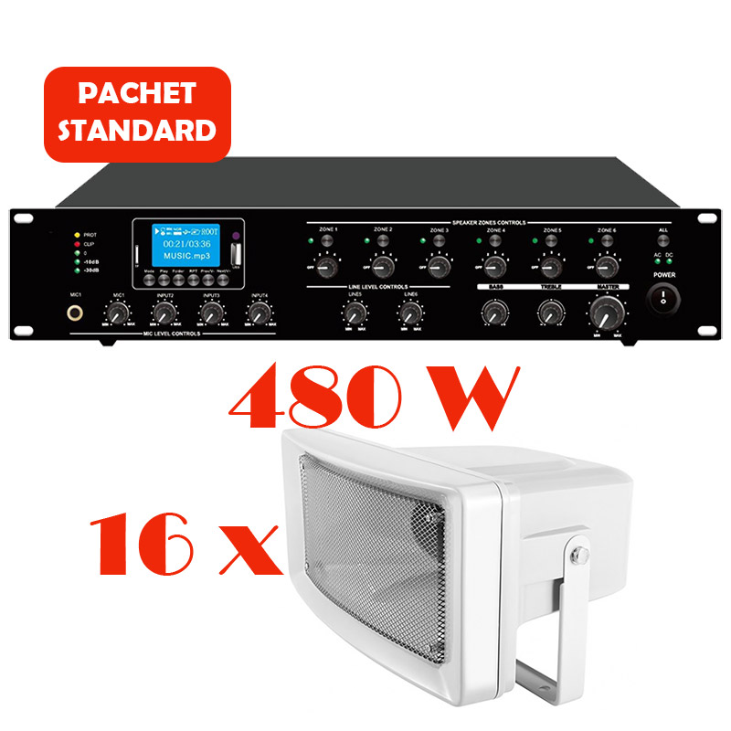 Sistem de sonorizare si adresare publica pentru terenuri de sport cu difuzoare de exterior DPS-300 si amplificator PAZ-5006, CKS, cu mixer si player media integrat, MP3 prin USB și SD, tuner FM, Bluetooth, total putere 480W 1 Sistem de sonorizare si adresare publica pentru terenuri de sport cu difuzoare de exterior DPS-300 si amplificator PAZ-5006, CKS, cu mixer si player media integrat, MP3 prin USB și SD, tuner FM, Bluetooth, total putere 480W