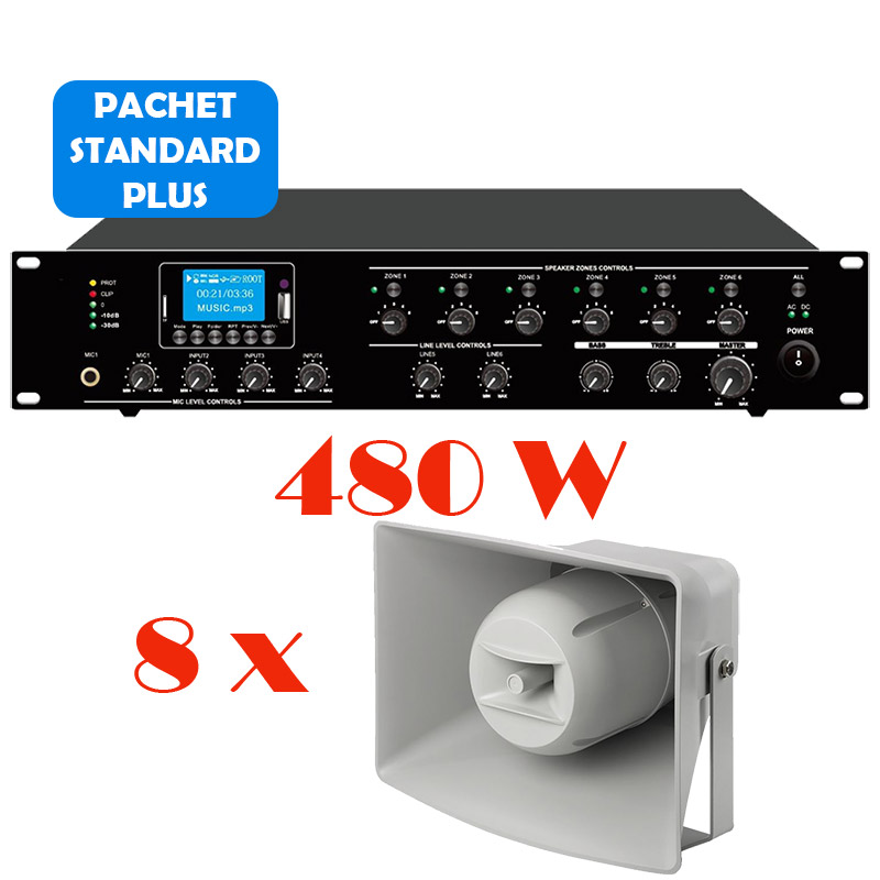 Sistem de sonorizare si adresare publica pentru terenuri de sport cu difuzoare de exterior IT-400TW, Monacor si amplificator PAZ-5006, CKS, cu mixer si player media integrat, MP3 prin USB și SD, tuner FM, Bluetooth, total putere 480W 1 sistem sonorizare terenuri sport exterior IT-400TW PAZ-5006