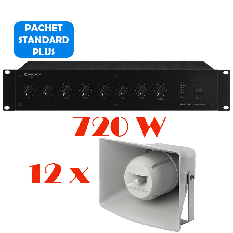Sistem de sonorizare si adresare publica pentru terenuri de sport cu difuzoare de exterior IT-400TW si amplificator PA-9100D, Monacor, cu mixer integrat, total putere 720W 1 sistem sonorizare terenuri sport exterior 720W IT-400TW PA-9100D