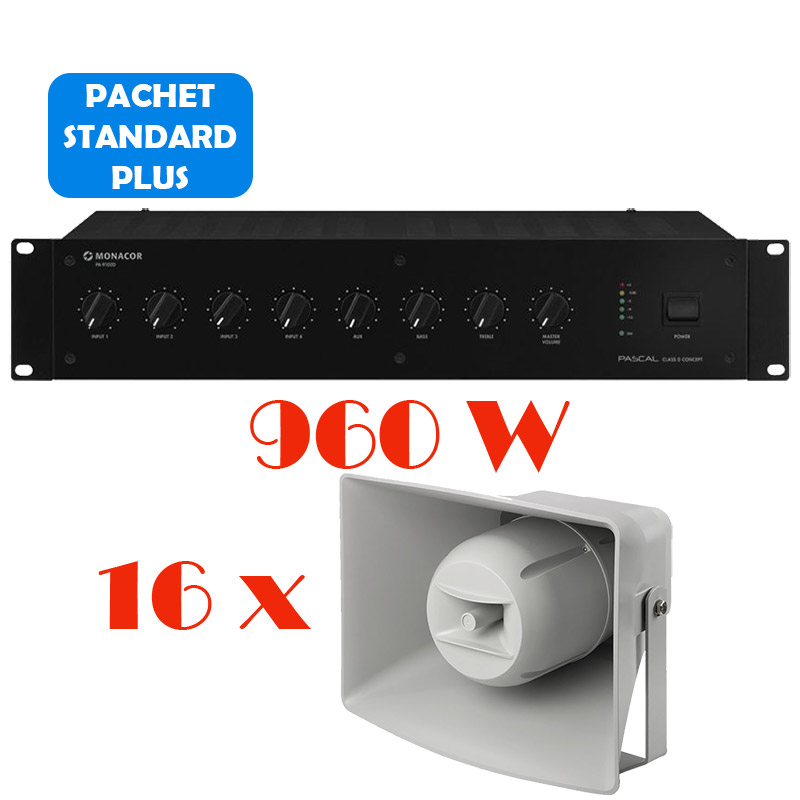 Sistem de sonorizare si adresare publica pentru terenuri de sport cu difuzoare de exterior IT-400TW si amplificator PA-9100D, Monacor, cu mixer integrat, total putere 960W 1 sistem sonorizare terenuri sport exterior 960W IT-400TW PA-9100D