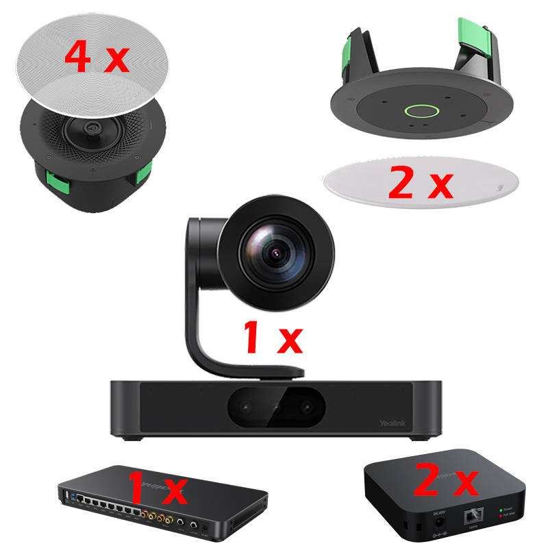Sistem videoconferinta integrat PoE cu 1 camera PTZ, 4K, cu urmarire inteligenta, 20 x zoom SmartVision 80, 2 microfoane de tavan CM20 cu raza de acoperire a vocii de 4m pana la 360°, 4 difuzoare active de tavan, coaxiale cu 2 cai CS10, procesor audio video AVHub, Yealink 1 sistem video conferință SmartVision 80 4K PTZ