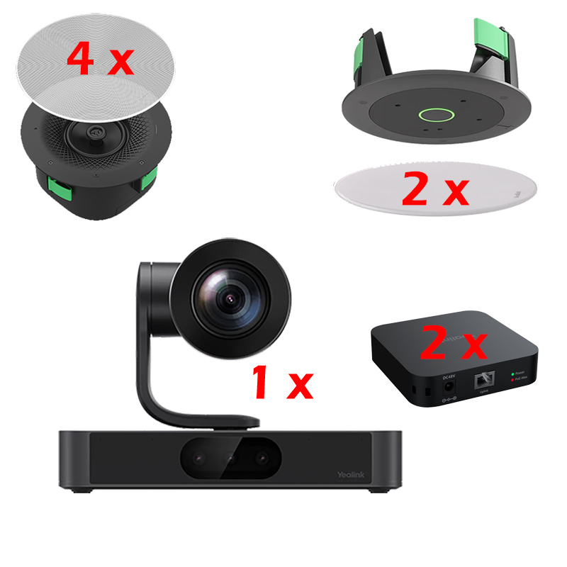 Sistem videoconferinta integrat PoE cu 1 camera PTZ, 4K, cu urmarire inteligenta, 20 x zoom SmartVision 80, 2 microfoane de tavan CM20 cu raza de acoperire a vocii de 4m pana la 360°, 4 difuzoare active de tavan, coaxiale cu 2 cai CS10, Yealink 1 sistem videoconferință integrat 4K PTZ
