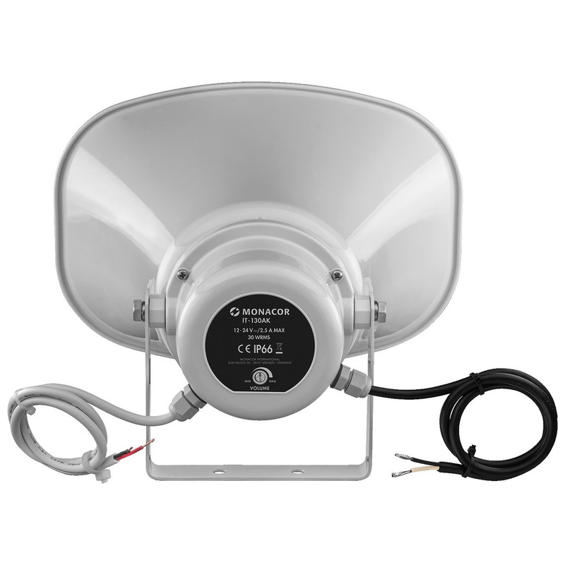 Difuzor activ tip goarna pentru adresare publica, de exterior, cu transformator 100V, 30W, IP66, alb, rezistent la intemperii, IT-130AK, Monacor 2 Difuzor activ tip goarna pentru adresare publica, de exterior, cu transformator 100V, 30W, IP66, alb, rezistent la intemperii, IT-130AK, Monacor - imagine 2