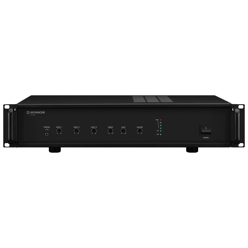 Amplificator activ cu buclă de inducție, cu compresor dinamic, suprafata maxim 750 m², LA-402, Monacor 1 Amplificator activ cu bucla de inductie si compresor dinamic Monacor LA-402