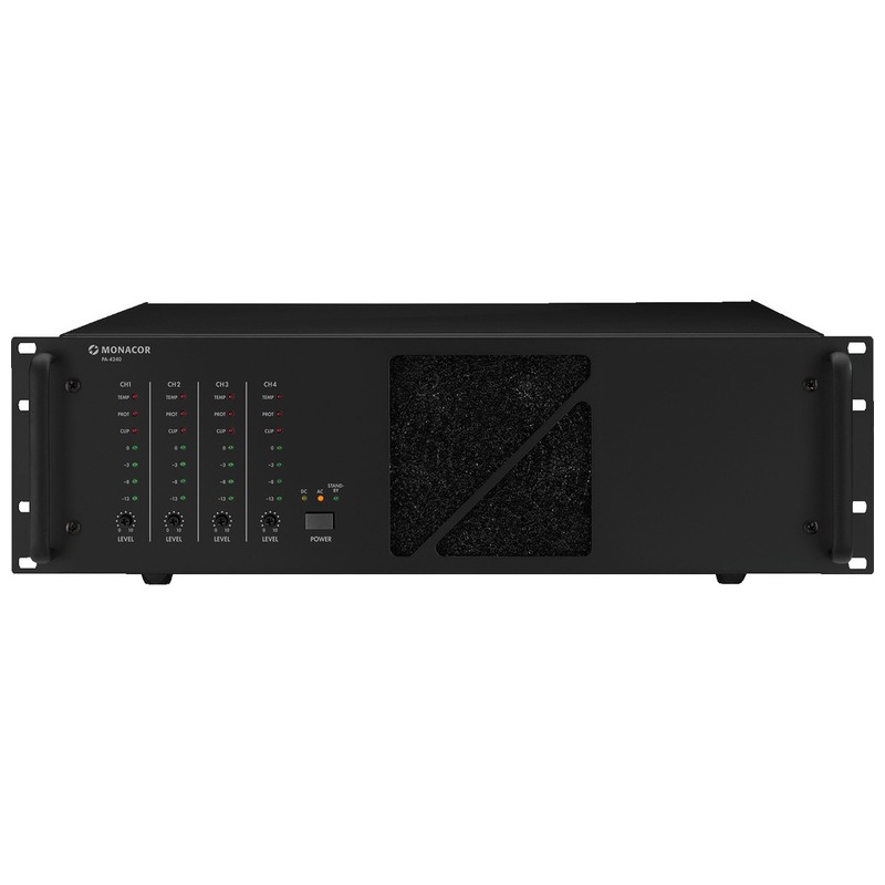 Amplificator pentru adresare publica, cu 4 canale, 31V/4Ω, 50V/10,4Ω, 70V/20Ω, 100V/42Ω, 4 x 240 W, 4960 W, PA-4240, Monacor 1 Amplificator pentru adresare publica, cu 4 canale, 31V/4Ω, 50V/10,4Ω, 70V/20Ω, 100V/42Ω, 4 x 240 W, 4960 W, PA-4240, Monacor