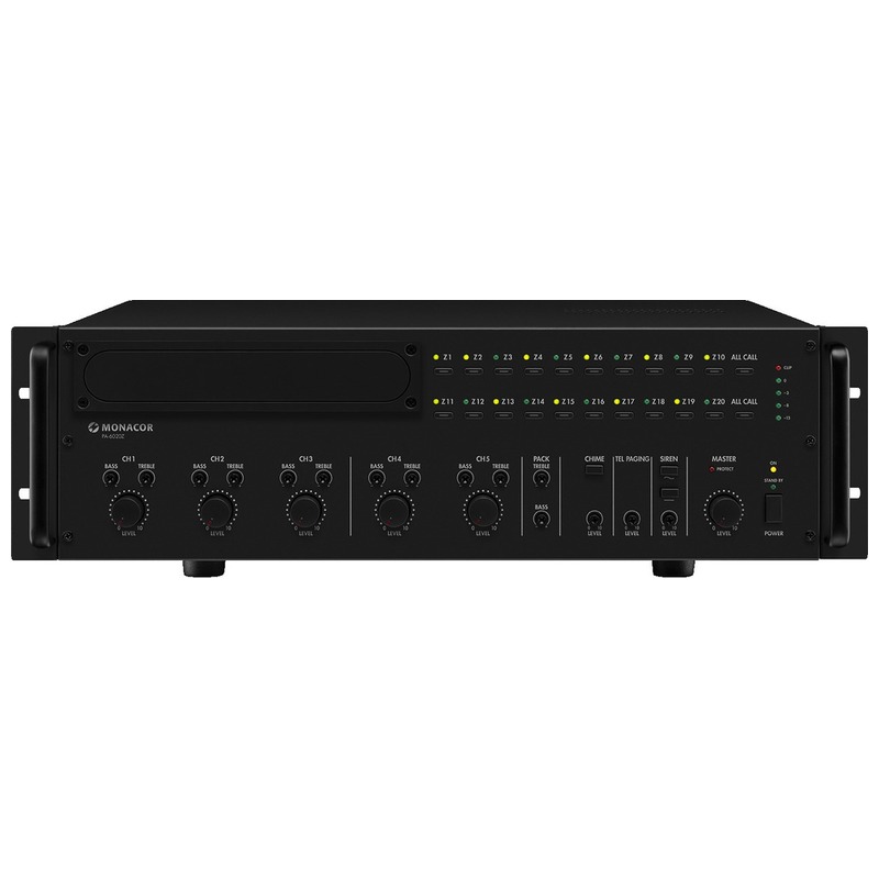 Amplificator zonal, cu mixer integrat, pentru adresare publica, cu 20 zone, 100 V, 1 x 600 W, PA-6020Z, Monacor 1 Amplificator zonal 20 zone Monacor PA-6020Z 600W Avi Systems