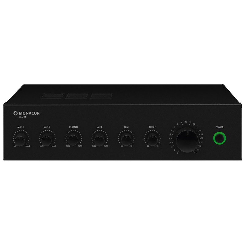 Amplificator zonal, cu mixer integrat, pentru adresare publica, cu 4 canale, 70/100 V, 4/8Ω, 1 x 35 W, PA-704, Monacor 1 Amplificator zonal, cu mixer integrat, pentru adresare publica, cu 4 canale, 70/100 V, 4/8Ω, 1 x 35 W, PA-704, Monacor