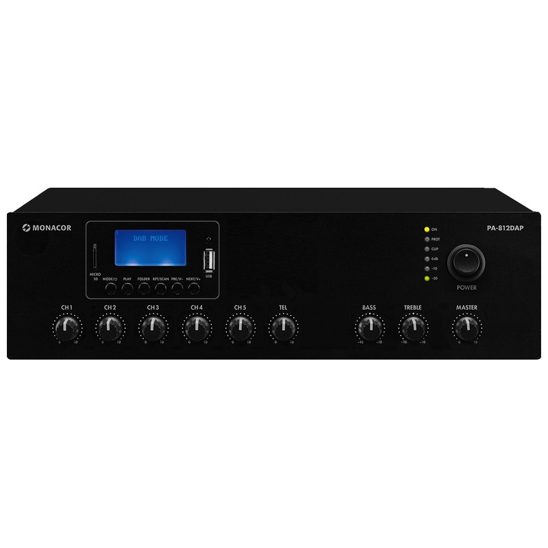 Amplificator clasa D, cu player MP3, USB/SD, FM, DAB+ si mixer integrat, pentru adresare publica, cu 1 zone, 70/100 V, 4/8/16Ω, 1 x 120 W, PA-812DAP, Monacor 1 Amplificator Monacor PA-812DAP 120W mixer si player integrat Avi Systems