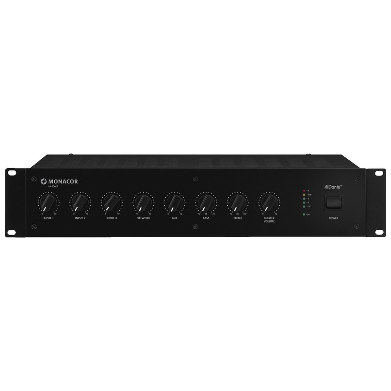 Amplificator zonal cu modul Dante si mixer integrat, pentru adresare publica, 70/100 V, 4Ω, 1 x 120 W, PA-900DT, Monacor 1 amplificator zonal Dante Monacor PA-900DT 120W profesional