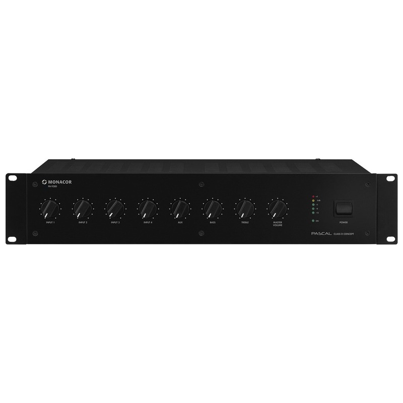 Amplificator zonal, clasa D, cu mixer integrat, pentru adresare publica, 8 Ω, 100 V, 1 x 280 W, PA-928D, Monacor 1 Amplificator zonal, clasa D, cu mixer integrat, pentru adresare publica, 8 Ω, 100 V, 1 x 280 W, PA-928D, Monacor